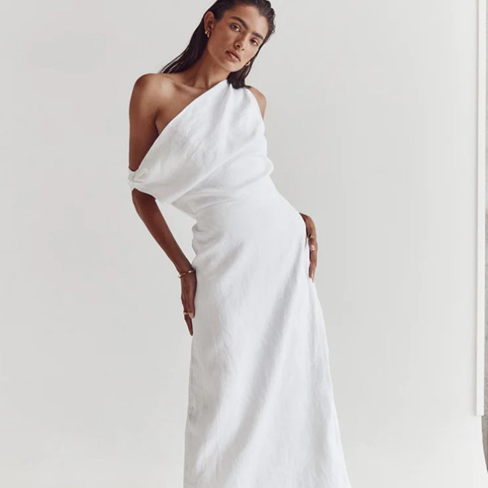 DISSH CASS WHITE LINEN ASYM MIDI DRESS Size 10